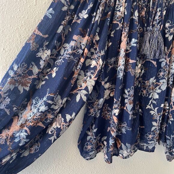 By Anthropologie Women's Blouse Size Large Long Sleeve Blue Floral Smocked Boho - Picture 5 of 12